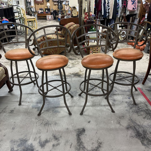 FOUR METAL ORANGE BARSTOOLS