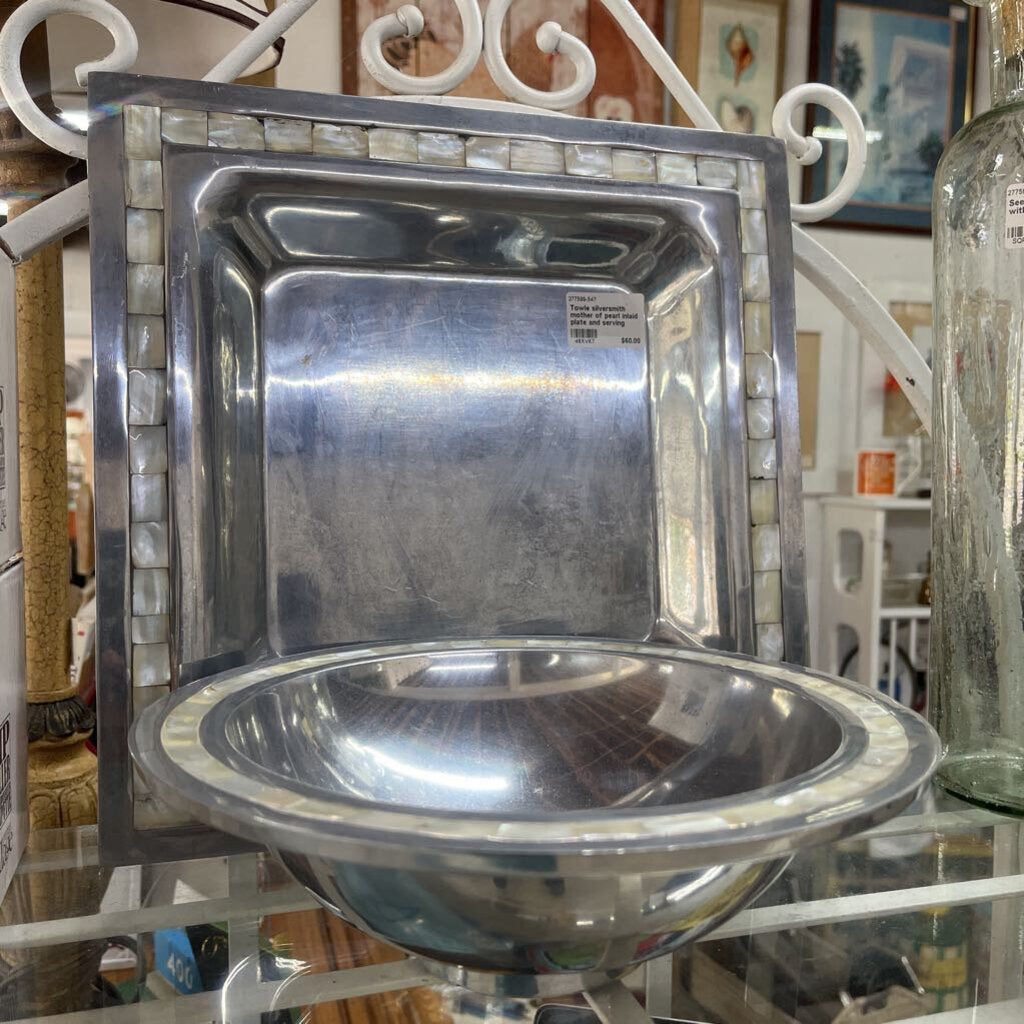 Towle silversmith mother of pearl inlaid plate and serving bowl