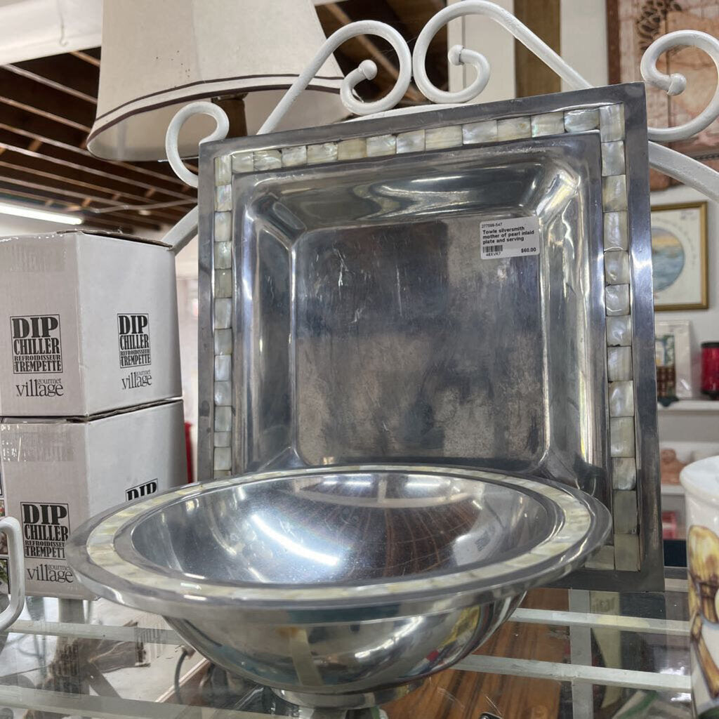 Towle silversmith mother of pearl inlaid plate and serving bowl