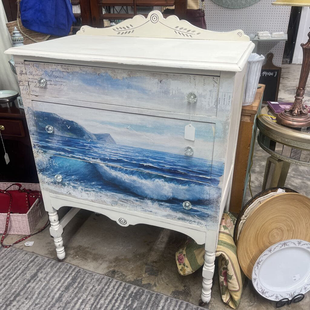 WHITE SOLID WOOD 3 DRAWER OCEAN VIEW CHEST OF DRAWERS