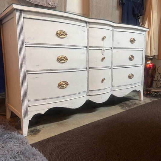 WHITE SOLID MAHOGANY 9 DRAWER MULTIPURPOSE BUFFET WITH GLASS TOP