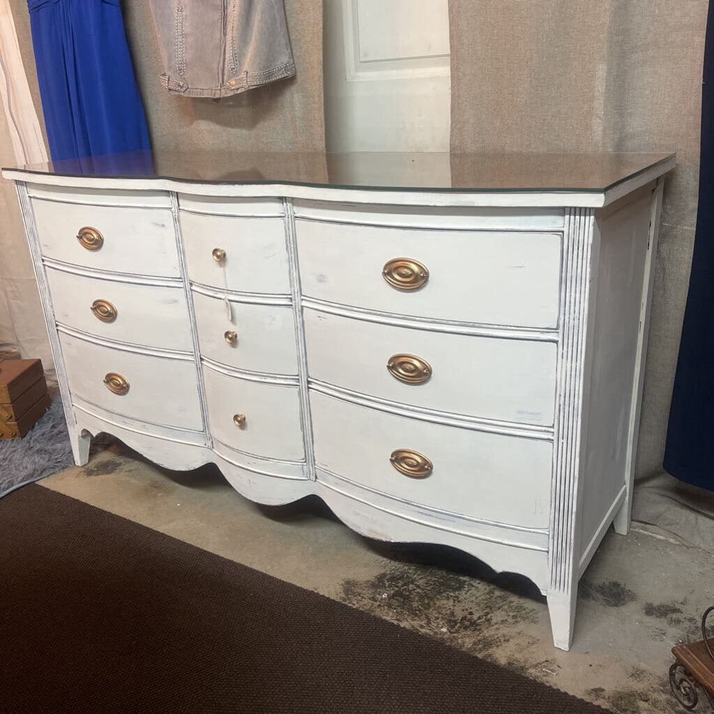 WHITE SOLID MAHOGANY 9 DRAWER MULTIPURPOSE BUFFET WITH GLASS TOP