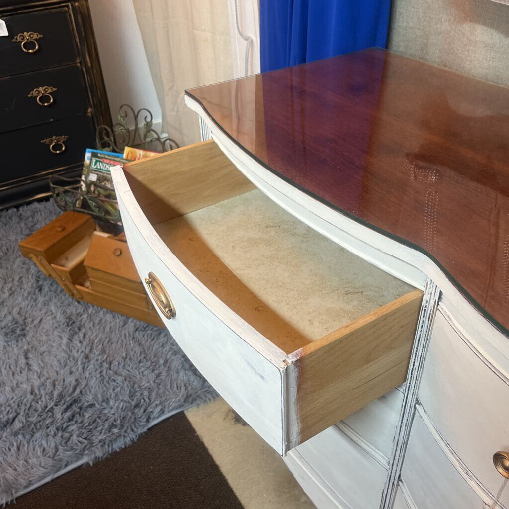 WHITE SOLID MAHOGANY 9 DRAWER MULTIPURPOSE BUFFET WITH GLASS TOP