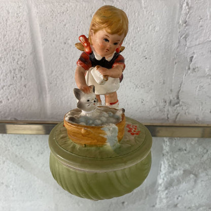 MUSICAL GIRL BATHING CAT FIGURINE