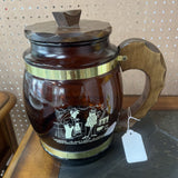 LARGE AMBER GLASS BARREL JAR W/LID