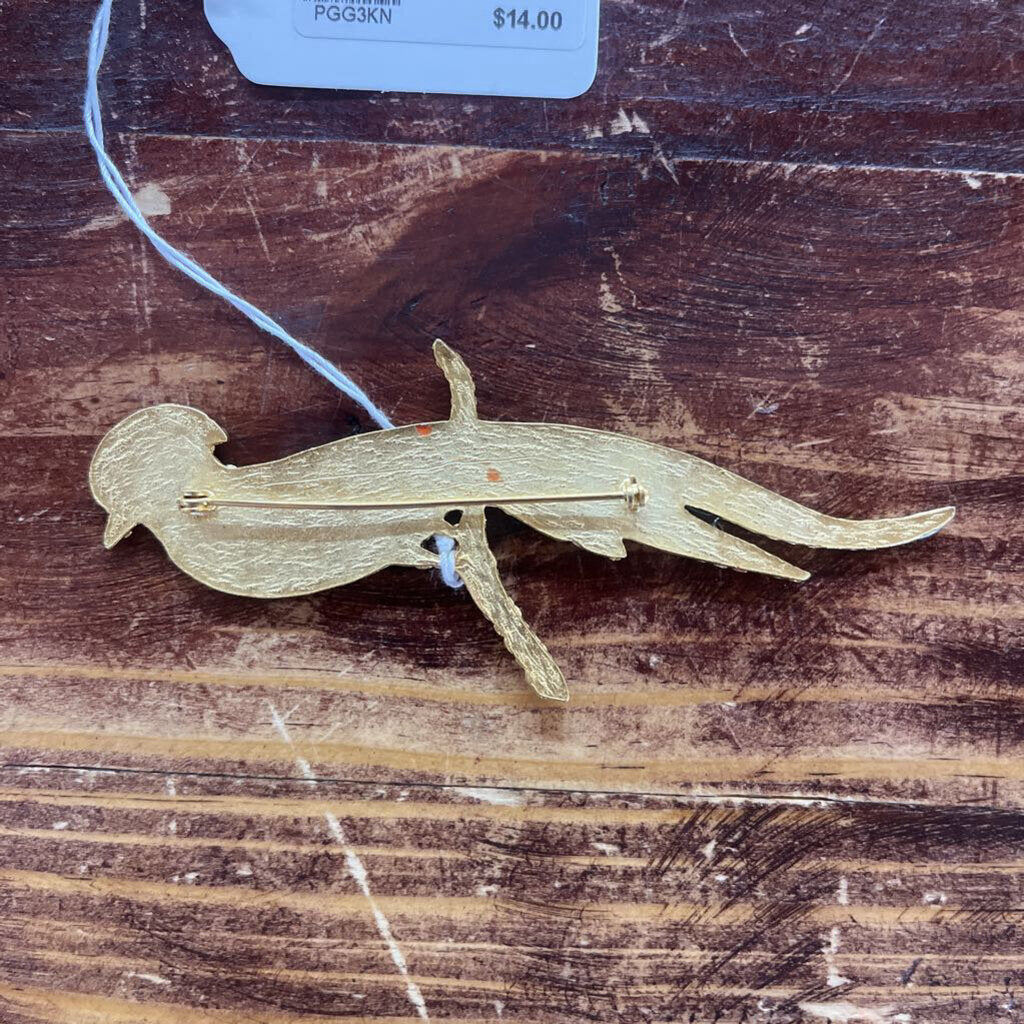 REDDISH BROWNISH LACQUER OVERLAY BIRD BROOCH