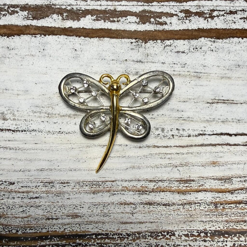 Vtg Rhinestone Butterfly Brooch