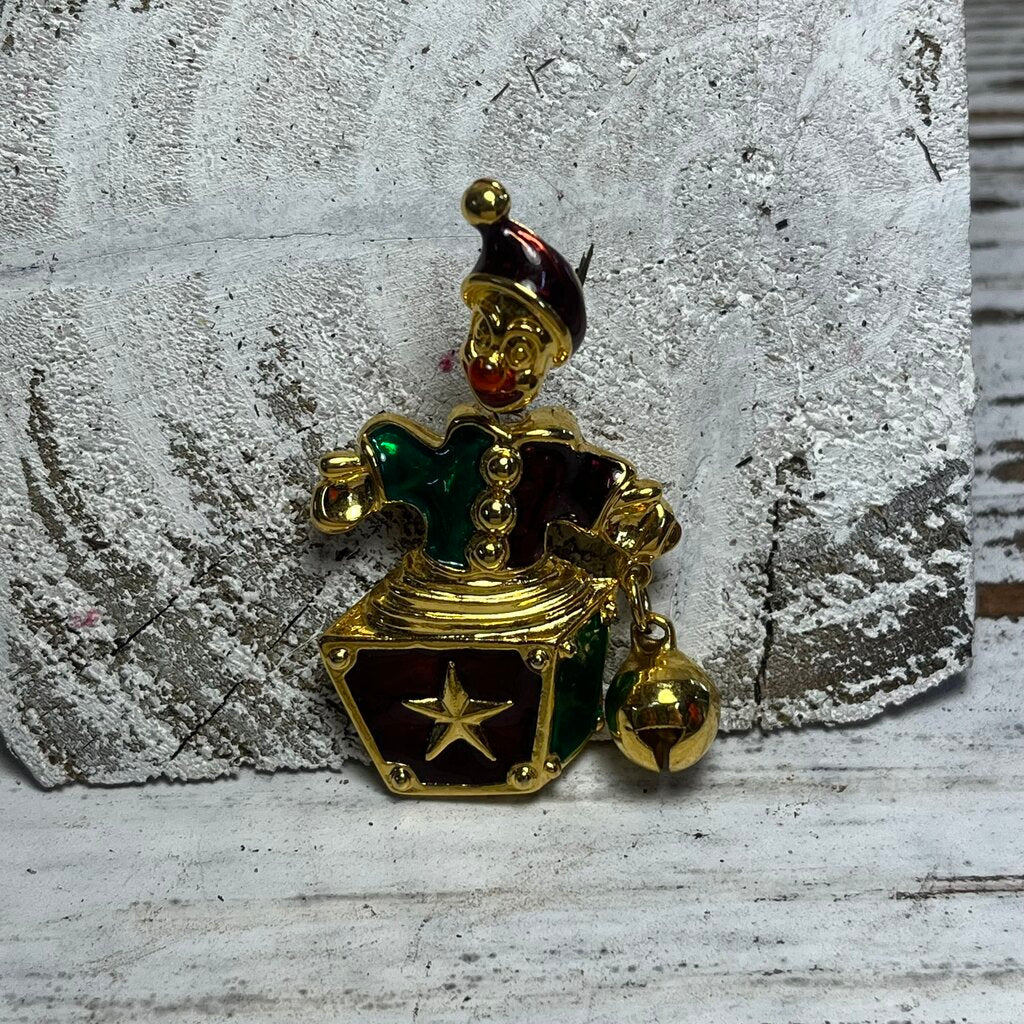 Enamel Trembler Clown Jack n Box Brooch