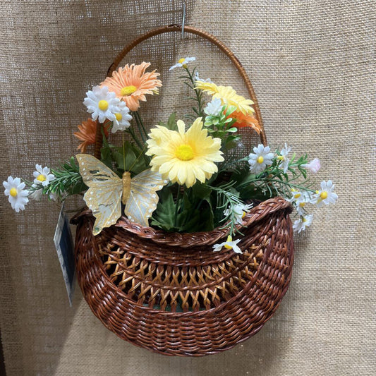 SMALL WICKER AND SPRING FLOWERS BASKET