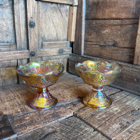PAIR CARNIVAL GLASS AMBER GRAPES CANDLEHOLDERS