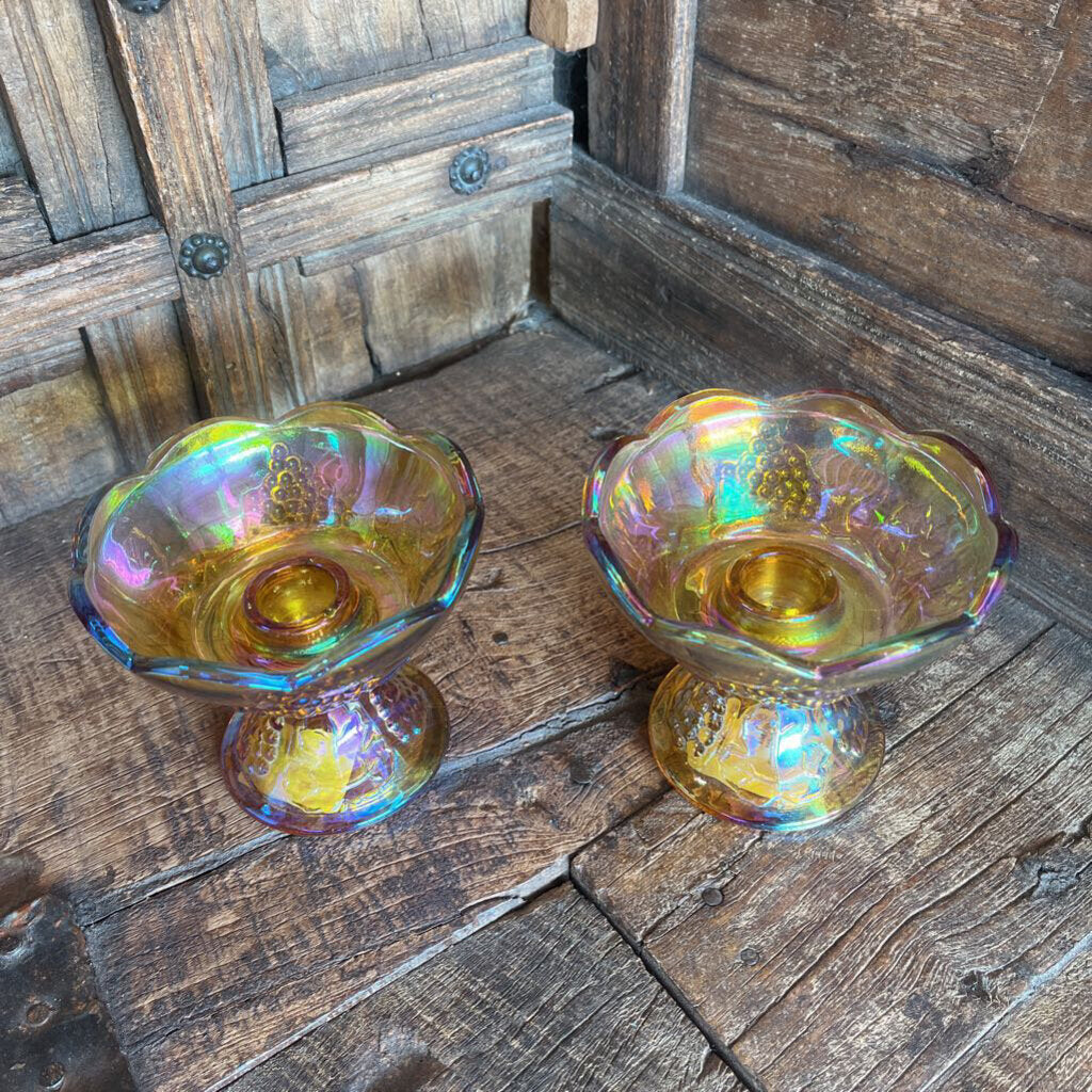 PAIR CARNIVAL GLASS AMBER GRAPES CANDLEHOLDERS