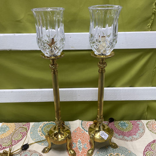 Pair Brass Victorian Torchiere Table Lamps Glass Crystal Globes