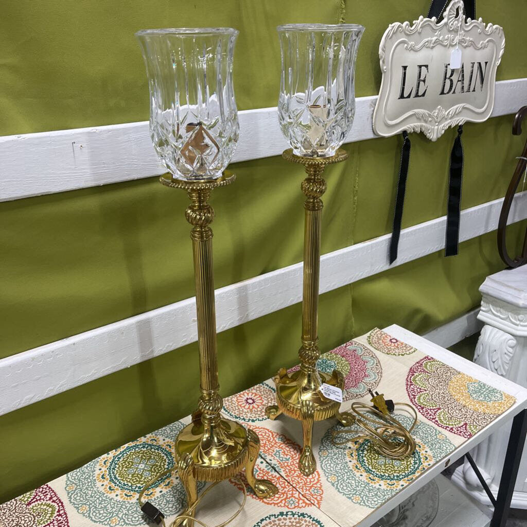 PAIR BRASS VICTORIAN TORCHIERE TABLE LAMPS GLASS CRYSTAL GLOBES