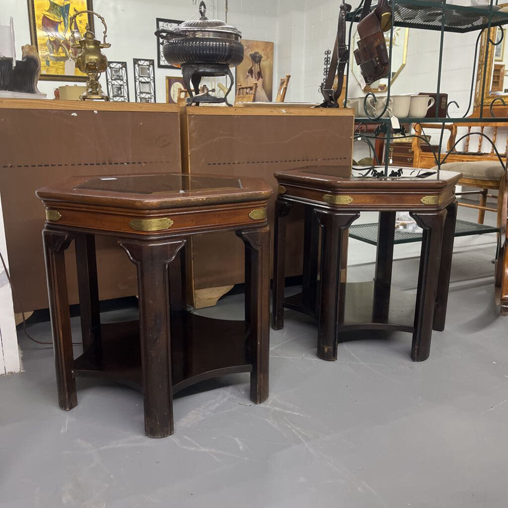 PAIR OCTAGON GLASS BRASS END TABLES