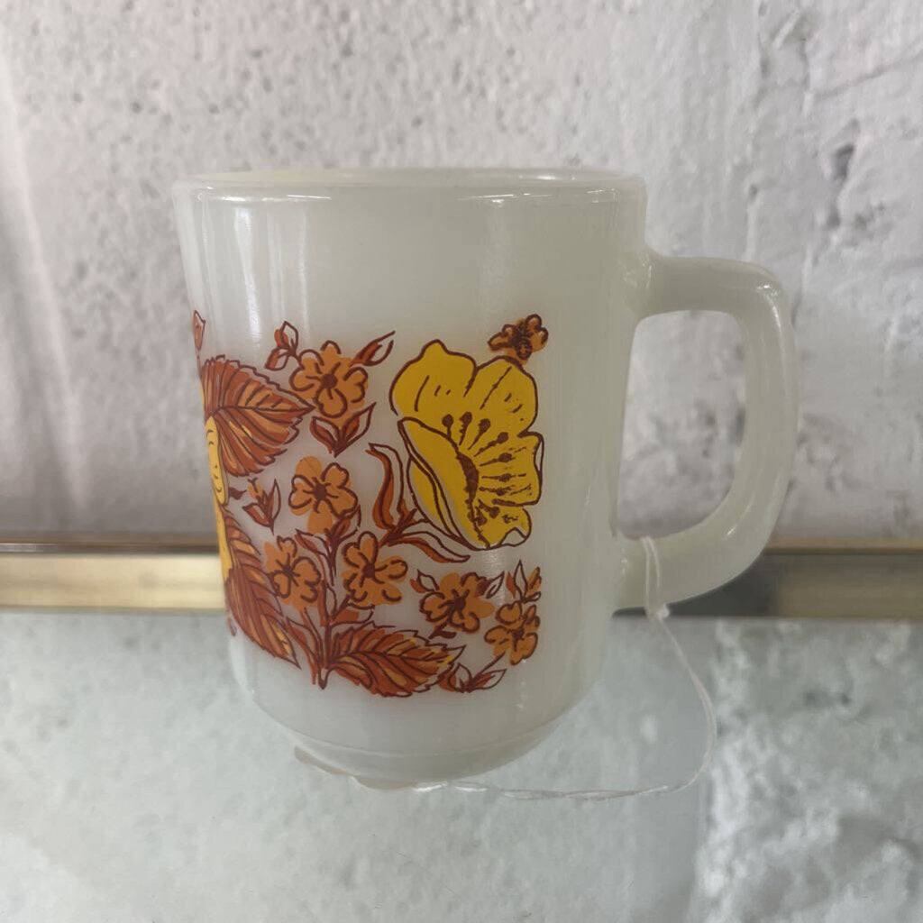 MILK GLASS FIRE KING AUTUMN FLOWERS MUG