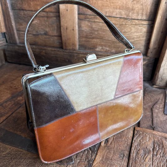 Vtg Patchwork Browns Pillbox Handbag