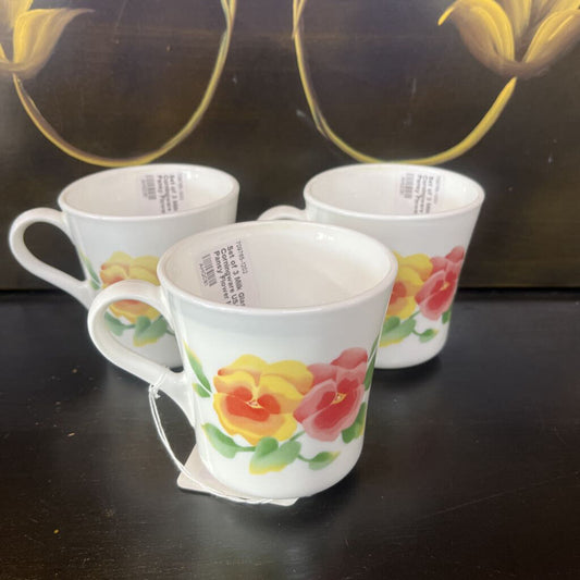 SET OF 3 MILK GLASS CORNINGWARE USA PANSY FLOWER MUGS