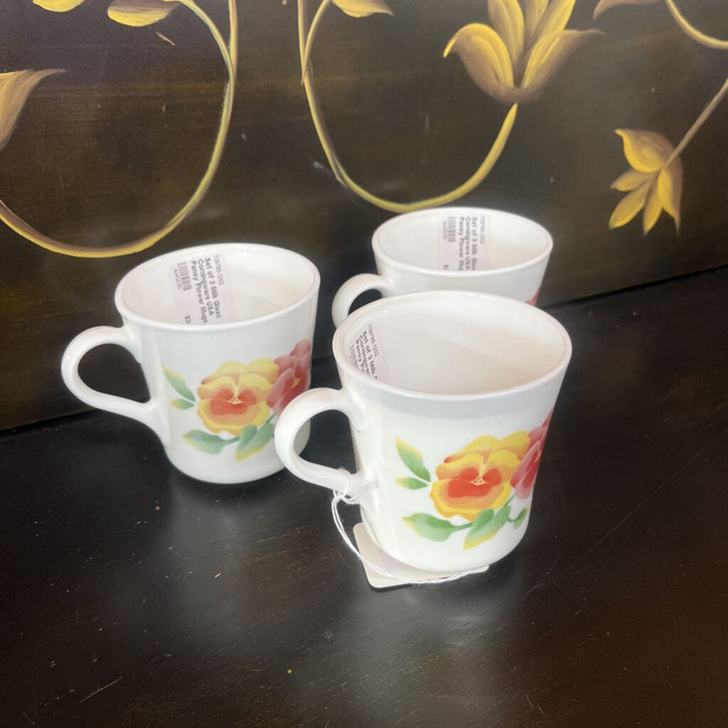 SET OF 3 MILK GLASS CORNINGWARE USA PANSY FLOWER MUGS
