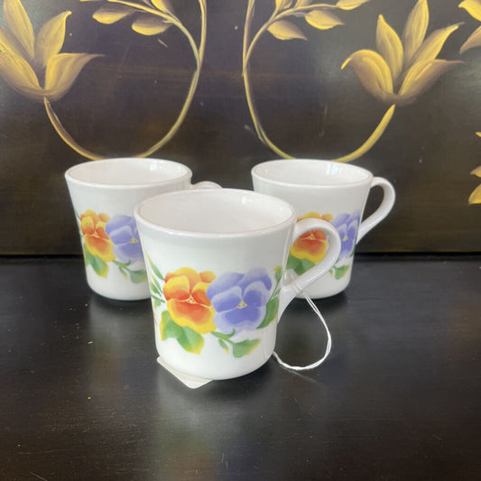SET OF 3 MILK GLASS CORNINGWARE USA PANSY FLOWER MUGS