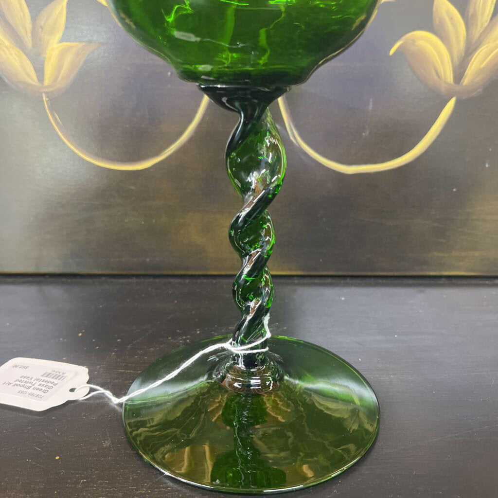 GREEN EMPOLI ART GLASS TWISTED PEDESTAL VASE