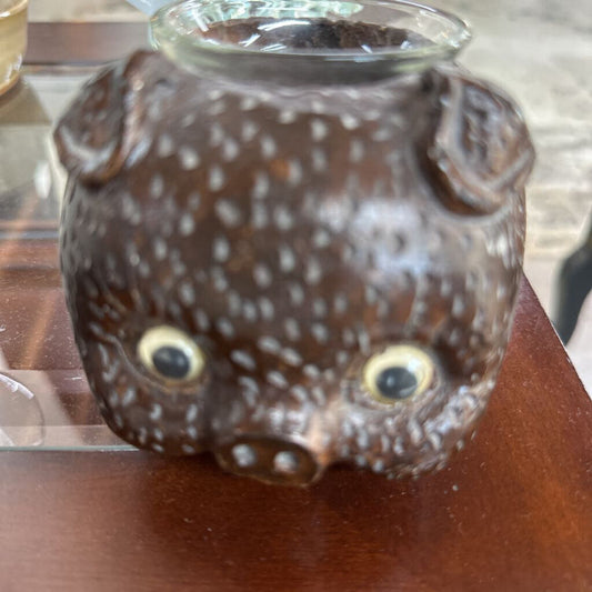 Brown Folk Art Pig Candleholder
