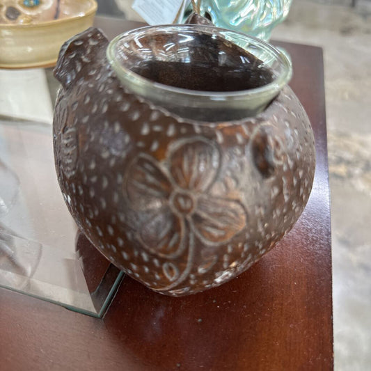 Brown Folk Art Pig Candleholder