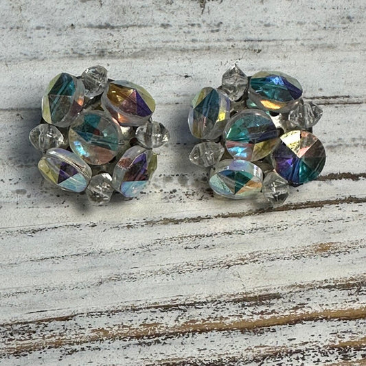 Vtg AB Cyrstal Clip Earrings