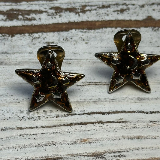 Vtg Rootbeer Enamel Star Clip Earrings