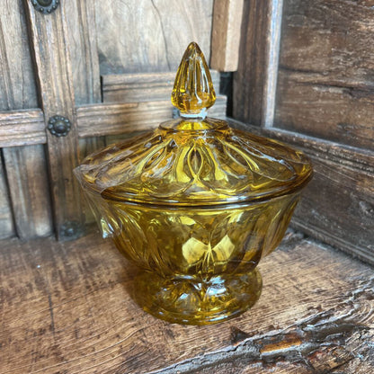 MCM AMBER GLASS CANDY DISH WITH LID