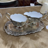 Vtg Silverplated Repousse 3 piece Cream and Sugar with Tray