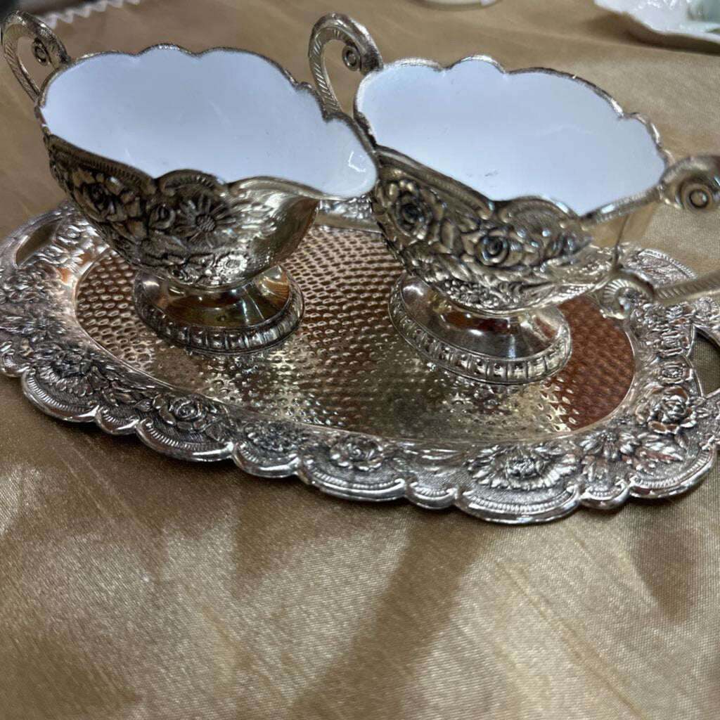 Vtg Silverplated Repousse 3 piece Cream and Sugar with Tray