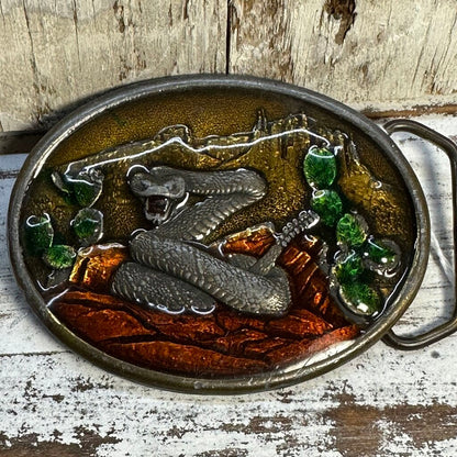 Vtg Enamel & Bronze Snake Buckle