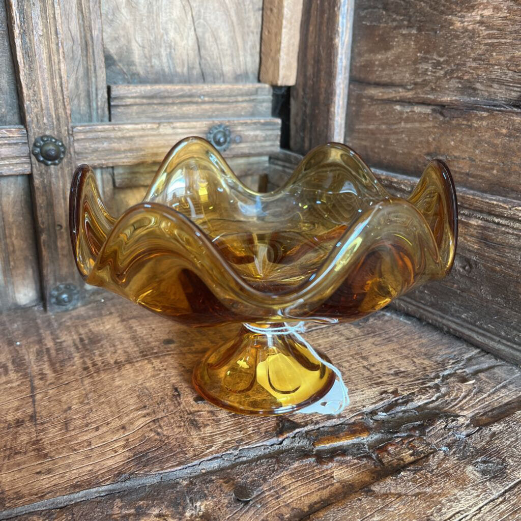 MCM 6 PETAL AMBER GLASS COMPOTE