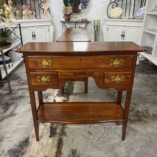 OAK WOOD THREE DRAWER CONSOLE BOTTOM SHELF