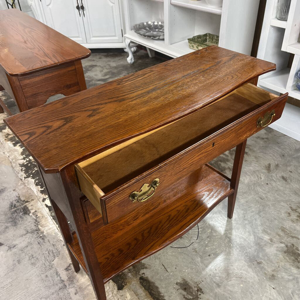 Oak Wood Three Drawer Console Bottom Shelf