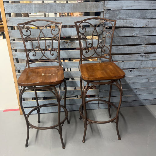 Pair of Wrought Iron and Wood Barstool
