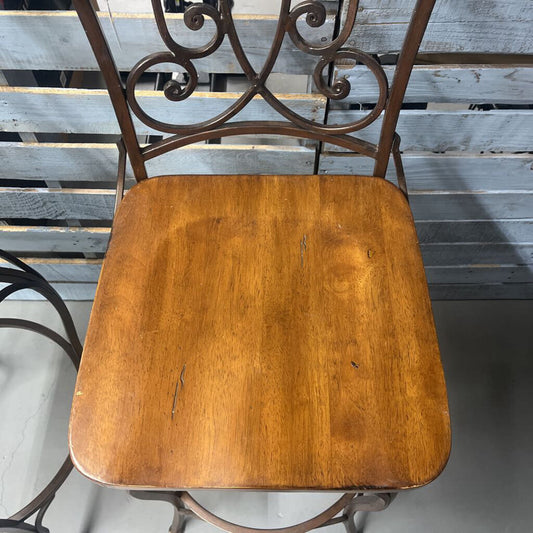 Pair of Wrought Iron and Wood Barstool