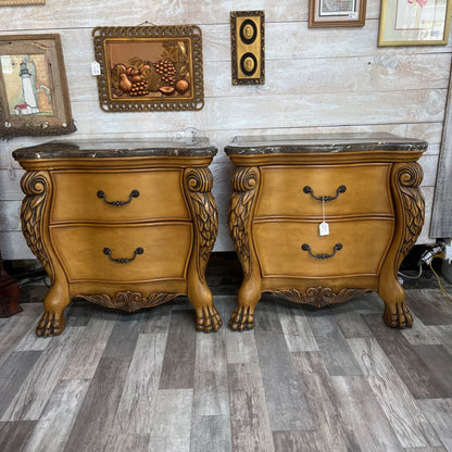 PAIR LARGE STONE TOP BEDSIDE TABLES