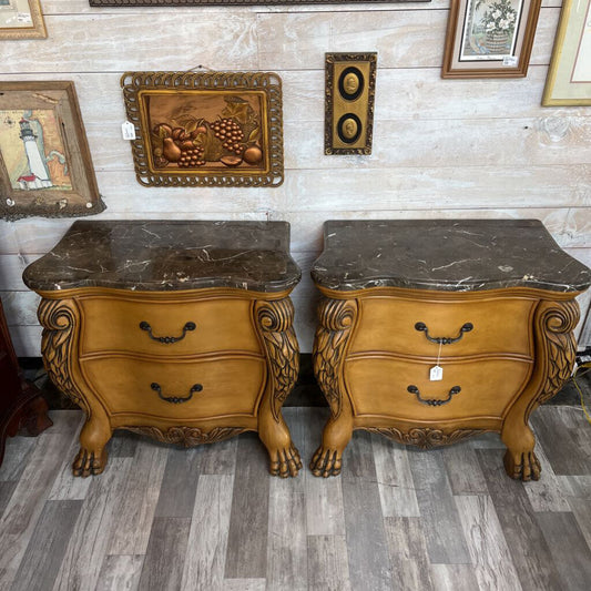 PAIR LARGE STONE TOP BEDSIDE TABLES