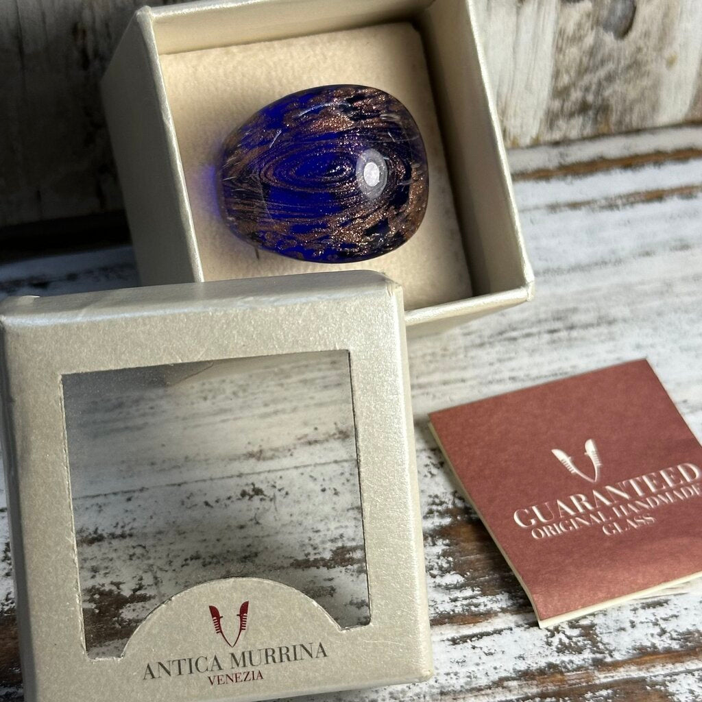 NOS MURANO GLASS BLUE/GOLD RING BOXED