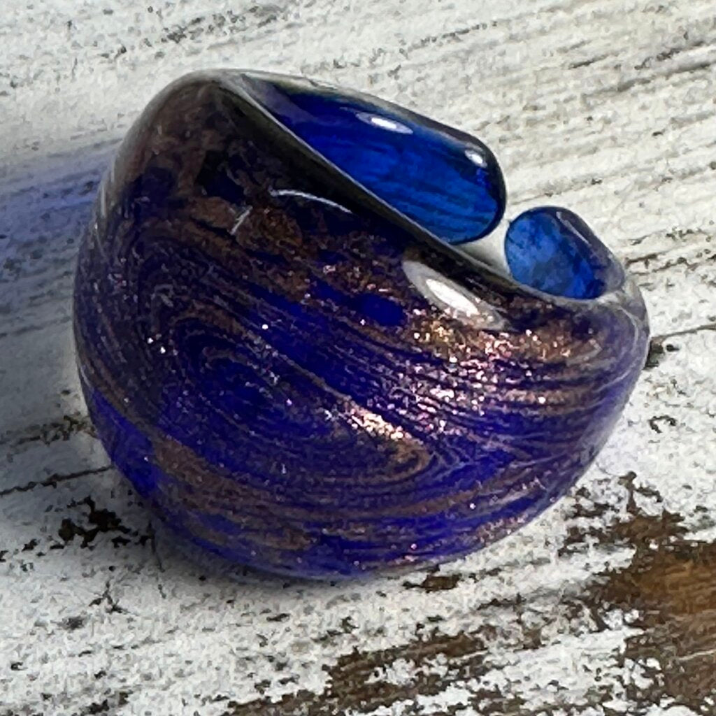 NOS MURANO GLASS BLUE/GOLD RING BOXED