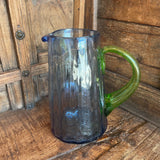 BLUE ART GLASS PITCHER WITH GREEN HANDLE