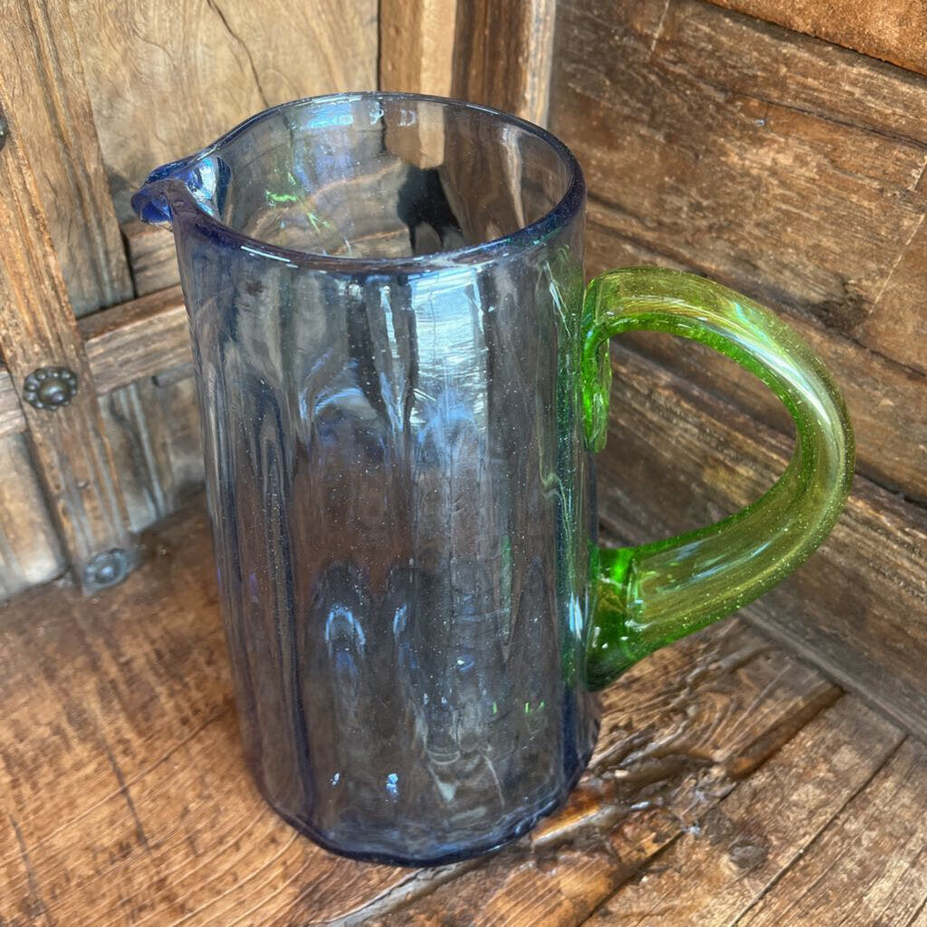 BLUE ART GLASS PITCHER WITH GREEN HANDLE