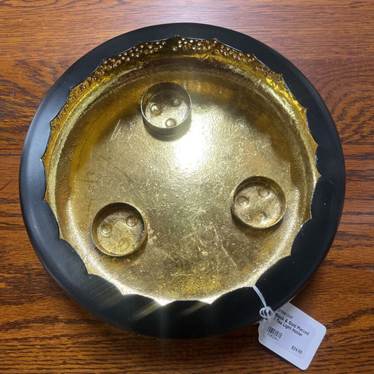 BLACK & GOLD PIERCED 3 TEA LIGHT HOLDER