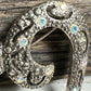 VTG SILVERTONE FILIGREE RHINESTONE HEART BROOCH