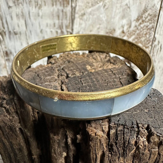 Vtg Blue MOP Inlay Brass Bangle Bracelet
