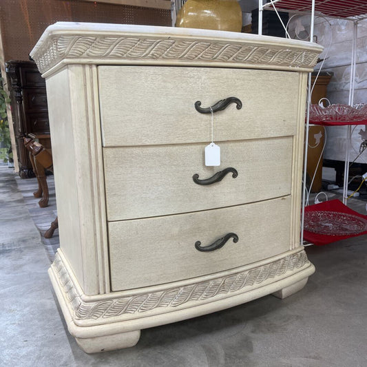 WHITE STONE TOP THREE DRAWER NIGHSTAND