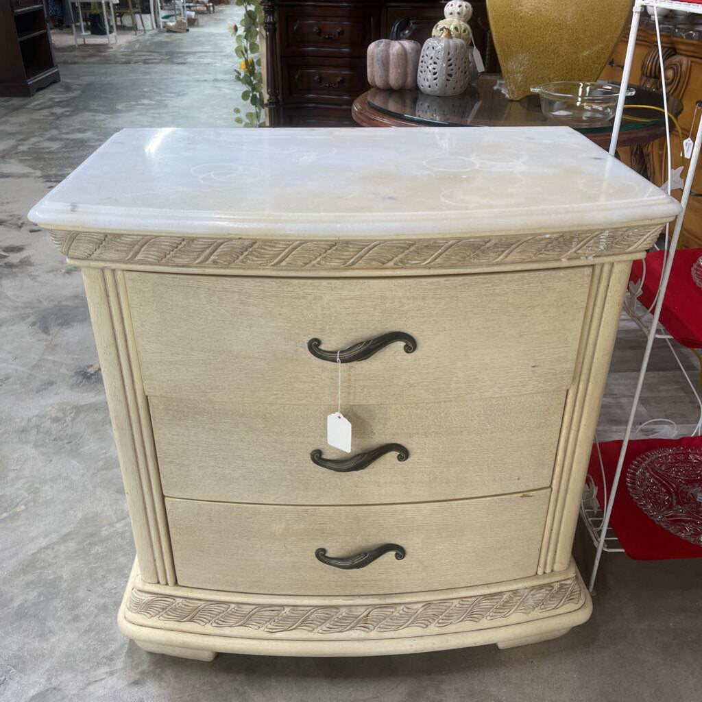 WHITE STONE TOP THREE DRAWER NIGHSTAND
