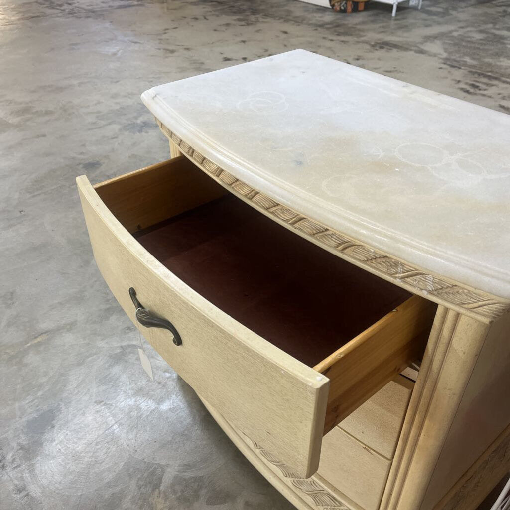 WHITE STONE TOP THREE DRAWER NIGHSTAND