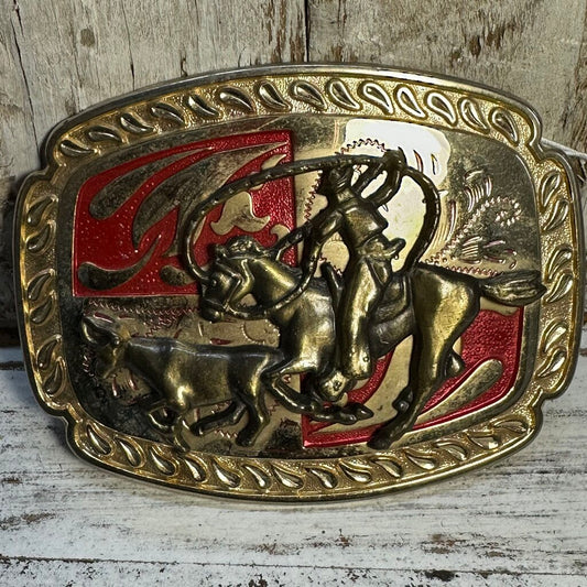 Riding Cowboy Goldtone Red Enamel Buckle